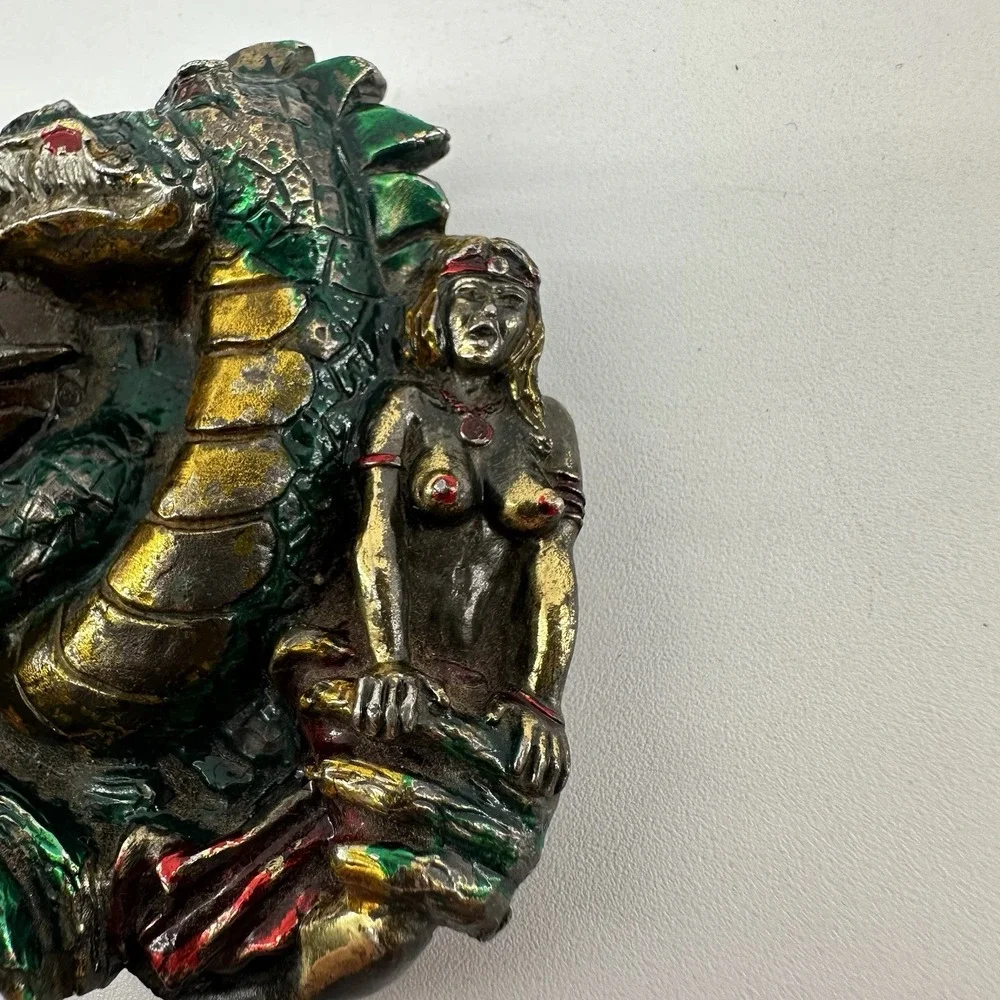 Vintage Belt Buckle Dragon Slayer Knight Nude‎ Woman 1984 Serial #H1421 GABC USA